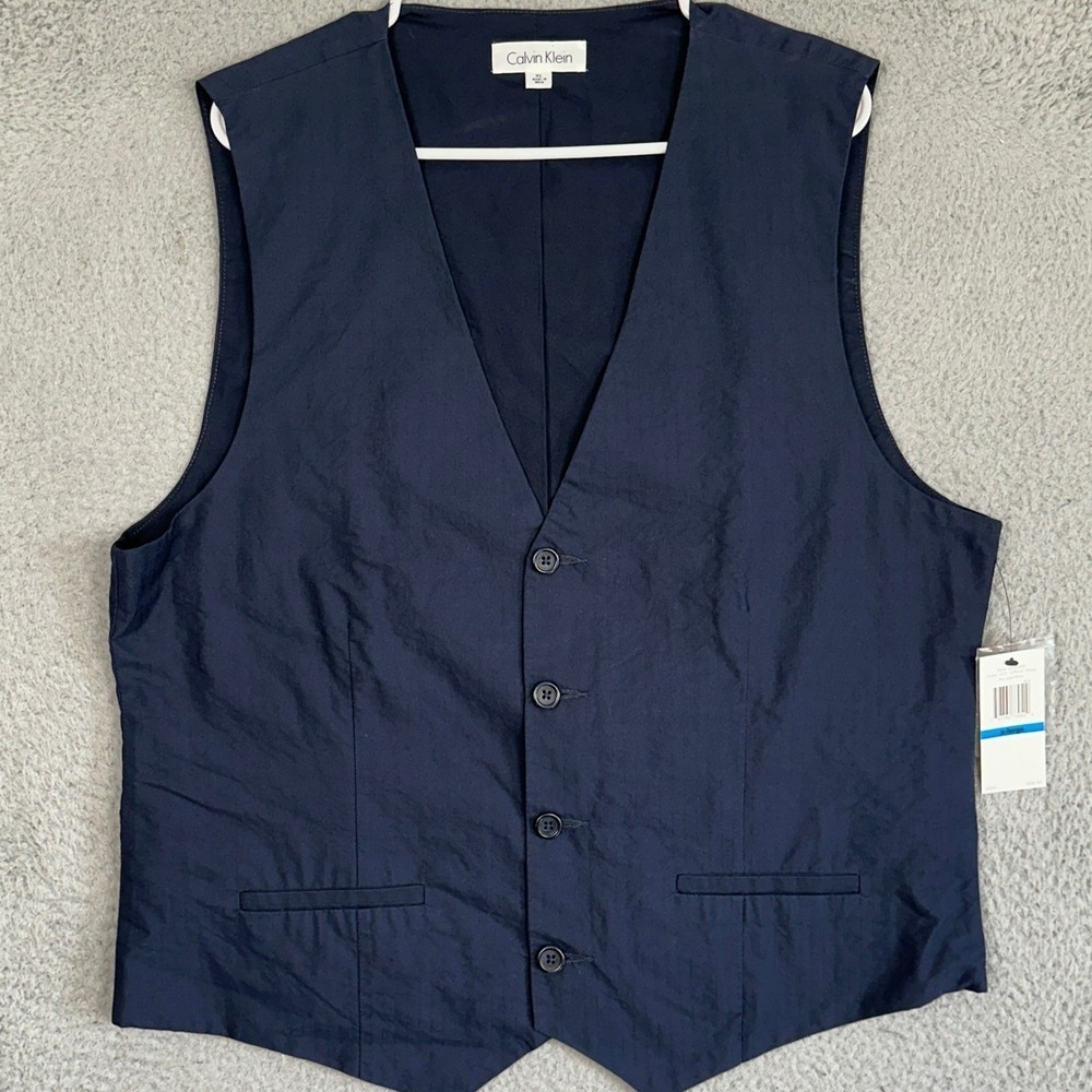 NEW Calvin Klein Suit Vest Mens XL Dark Navy Pinstripe Button Front Waistcoat